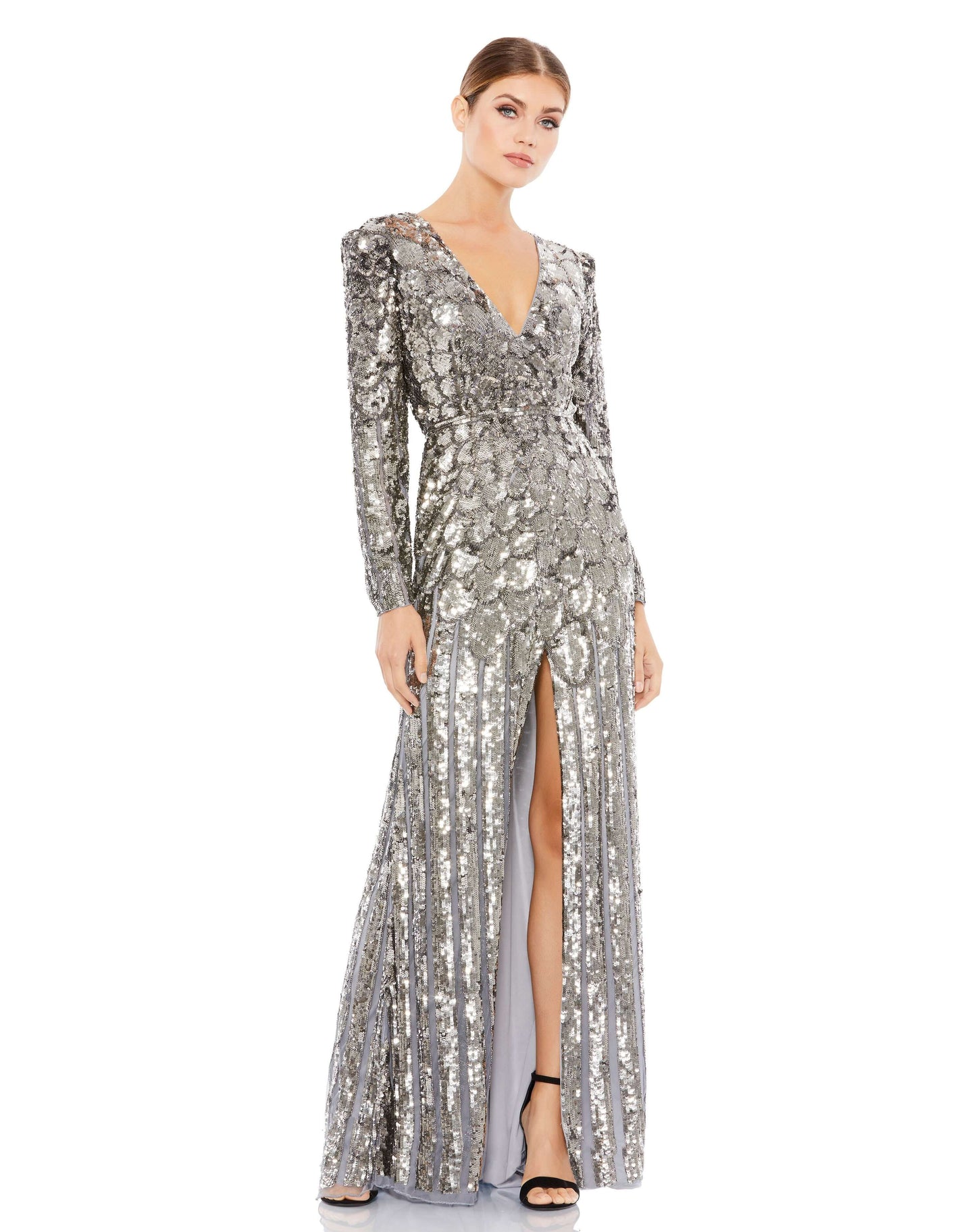 Mac Duggal Style#5382, Metallic Sequined Long Sleeve Gown, , $850.00