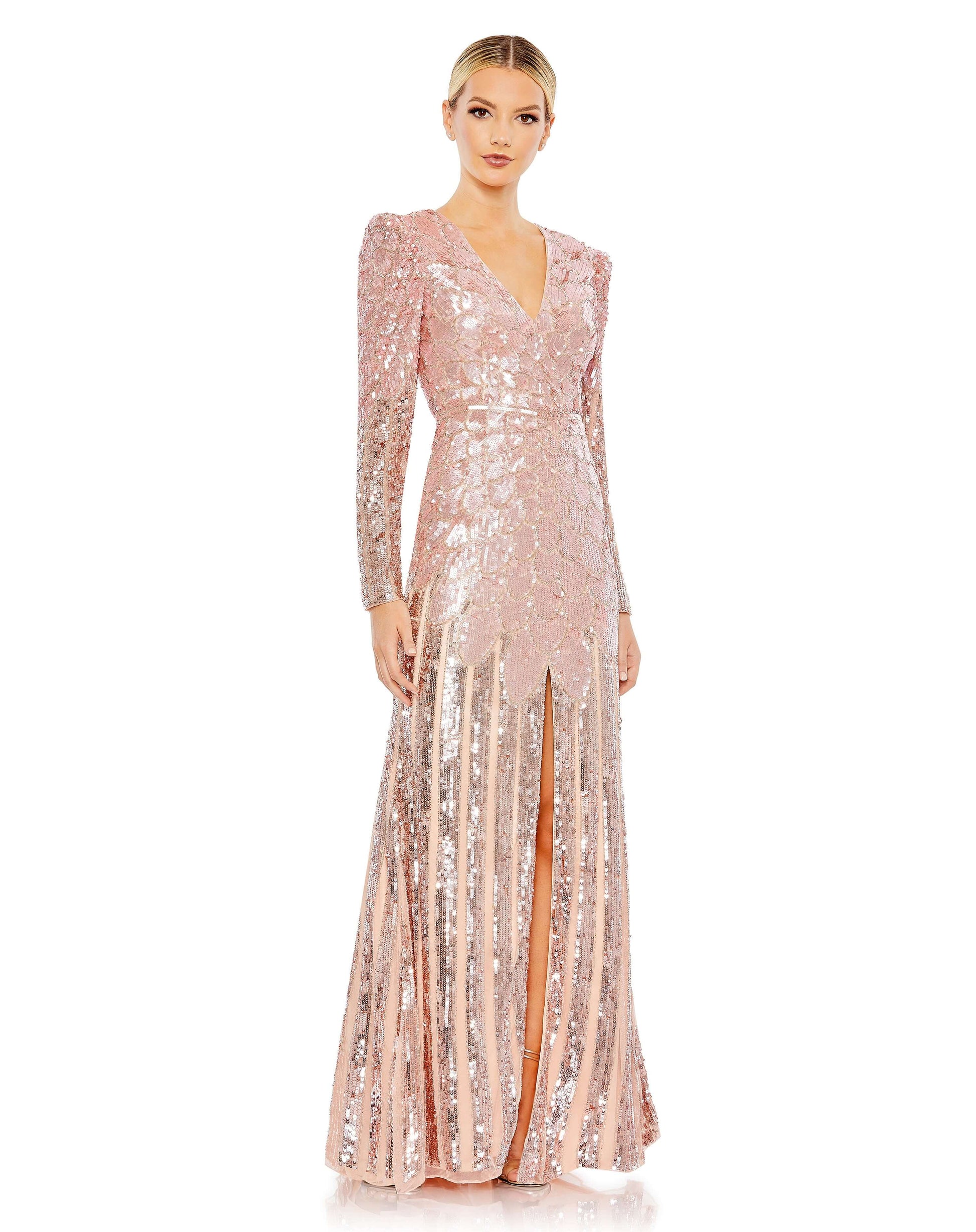 Mac Duggal Style#5382, Metallic Sequined Long Sleeve Gown, , $850.00