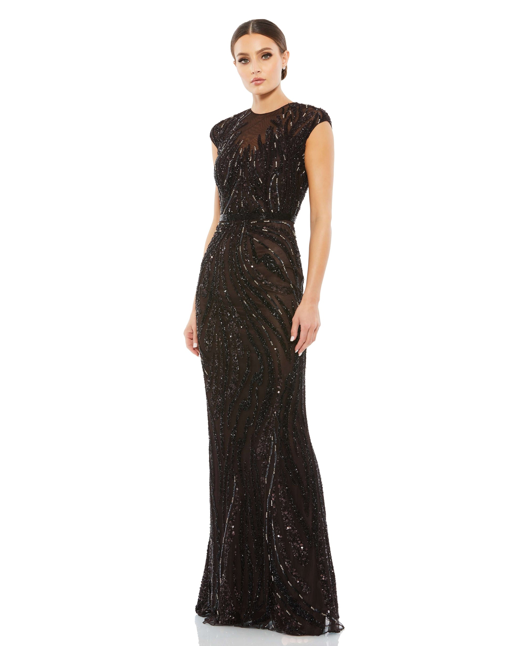 Mac Duggal Style#, Beaded Illusion Neck Cap Sleeve Trumpet Gown, beaded,Cap Sleeve,Fit and Flare,Floor Length,Sequin, $845.00