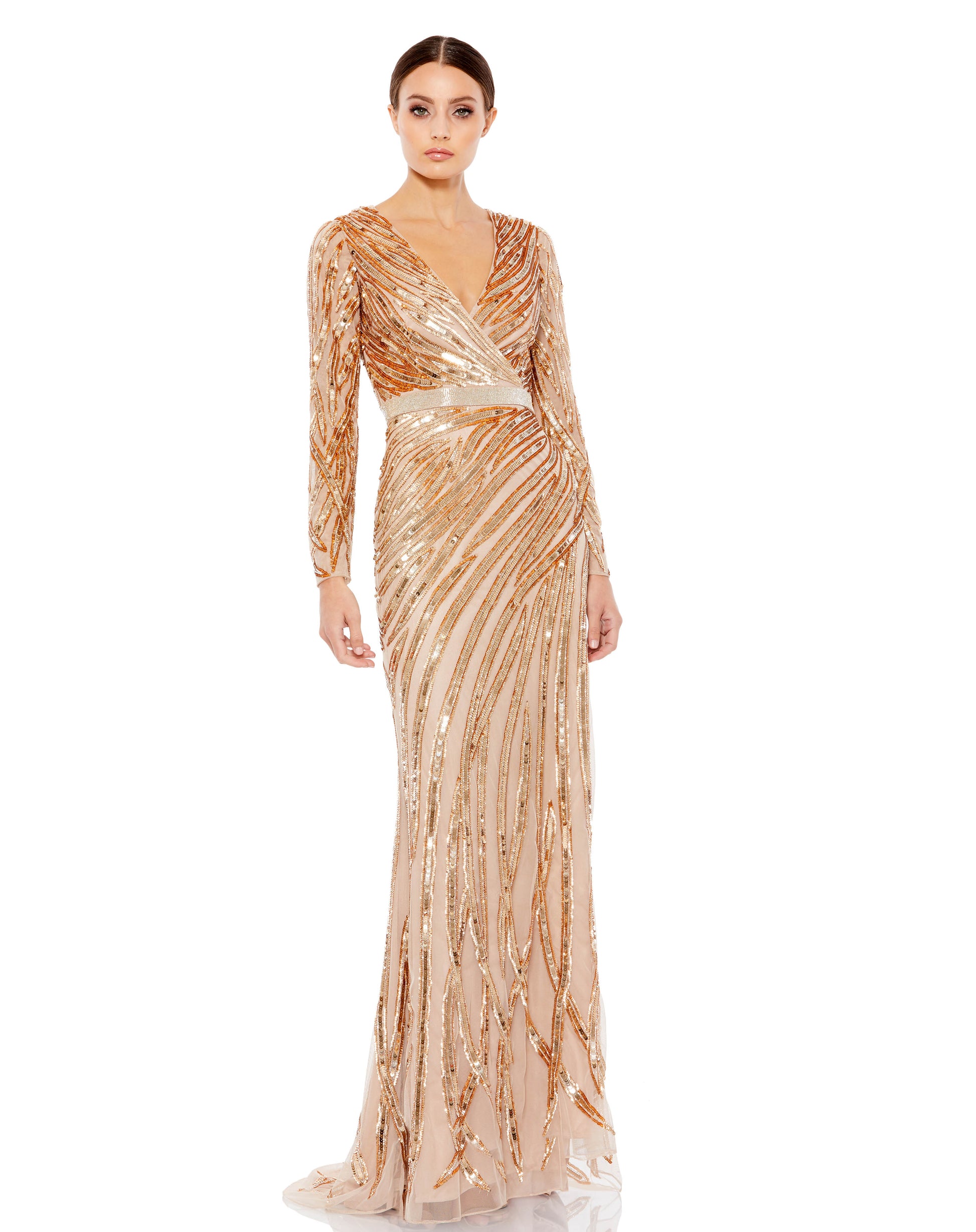 Made in an ultra-fine tulle fabric, this floor-grazing dress is embellished with flame-like rays of sequins. A sleek column shape fashioned with a surplice neckline and fitted long sleeves delivers a chic, contemporary look, while a beaded belt encircles