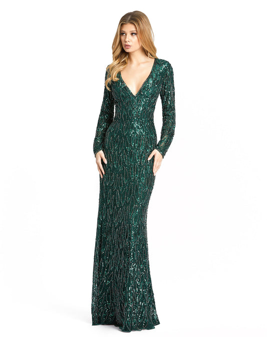 Long sleeve, fully embellished gown with a fitted bodice, plunging v-neckline, full-length skirt with a sweeping train, and gorgeous sequin and bead detailing throughout. Mac Duggal Fully Lined Back Zipper 100% Polyester Long Sleeve V-Neck Full Length Sty
