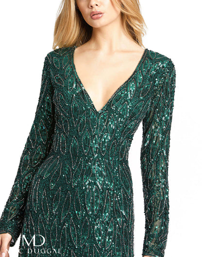 Long sleeve, fully embellished gown with a fitted bodice, plunging v-neckline, full-length skirt with a sweeping train, and gorgeous sequin and bead detailing throughout. Mac Duggal Fully Lined Back Zipper 100% Polyester Long Sleeve V-Neck Full Length Sty