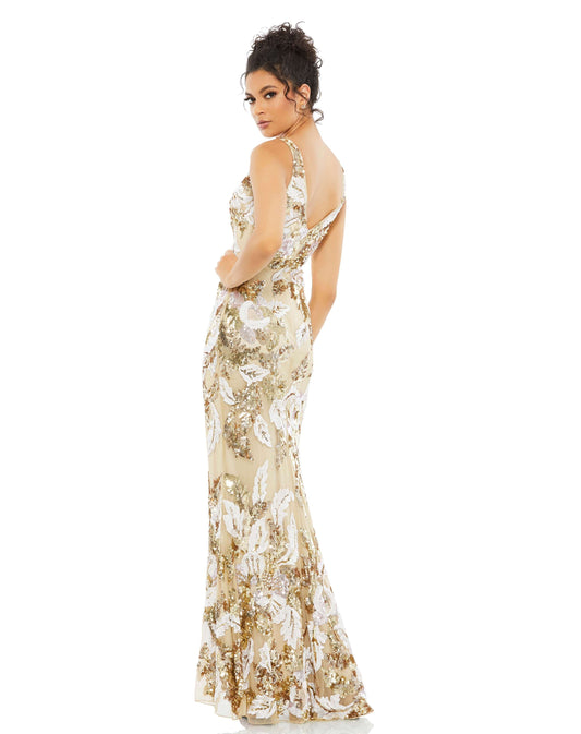 Mac Duggal Style#5476, Floral Embellished Sequined Gown, beaded,Floor Length,Open Back,Sequin,Sheath,sleeveless,V-Neck, $875.00