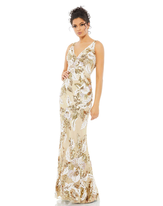 Mac Duggal Style#5476, Floral Embellished Sequined Gown, beaded,Floor Length,Open Back,Sequin,Sheath,sleeveless,V-Neck, $875.00