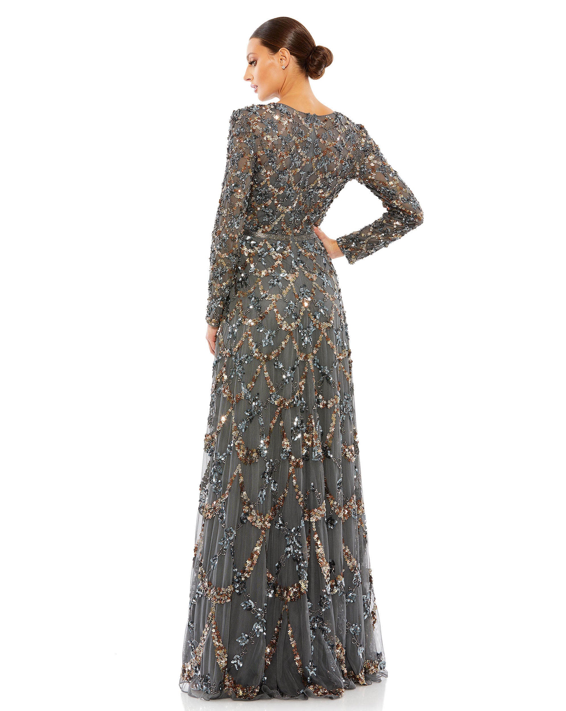 Embellished Illusion High Neck Long Sleeve A Line Gown Elegant