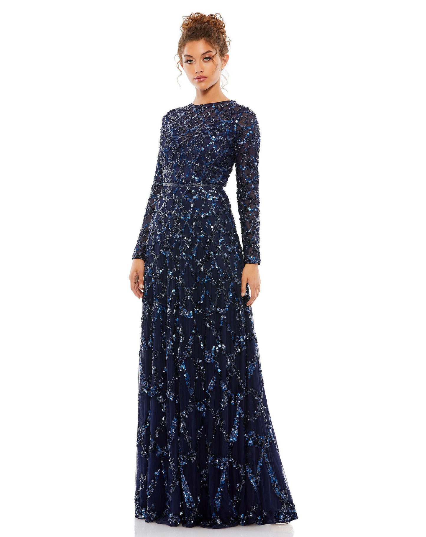 Mac Duggal Hand-embellished mesh overlay; 100% polyester lining Partially lined bodice; fully lined skirt; semi-sheer unlined sleeves Illusion round high neckline Long sleeves Beaded waist detail Delicate hand-stitched floral sequins and beaded embellishm