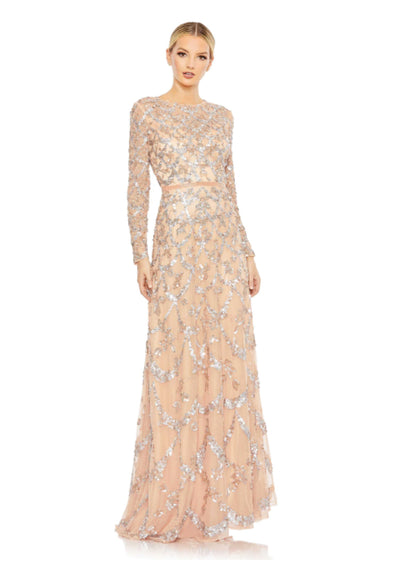 Mac Duggal Hand-embellished mesh overlay; 100% polyester lining Partially lined bodice; fully lined skirt; semi-sheer unlined sleeves Illusion round high neckline Long sleeves Beaded waist detail Delicate hand-stitched floral sequins and beaded embellishm
