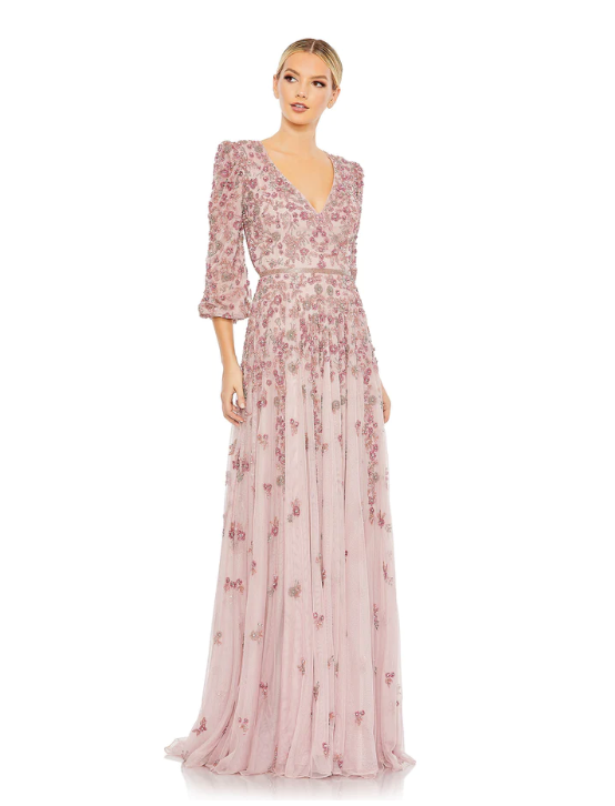 Mac Duggal Embellished tulle fabric (100% polyester) Fully lined through bodice and skirt; semi-sheer unlined sleeves V-neckline 3/4 sleeves Allover floral beaded embellishments Concealed back zipper Approx. 62.5" from top of shoulder to bottom hem Availa