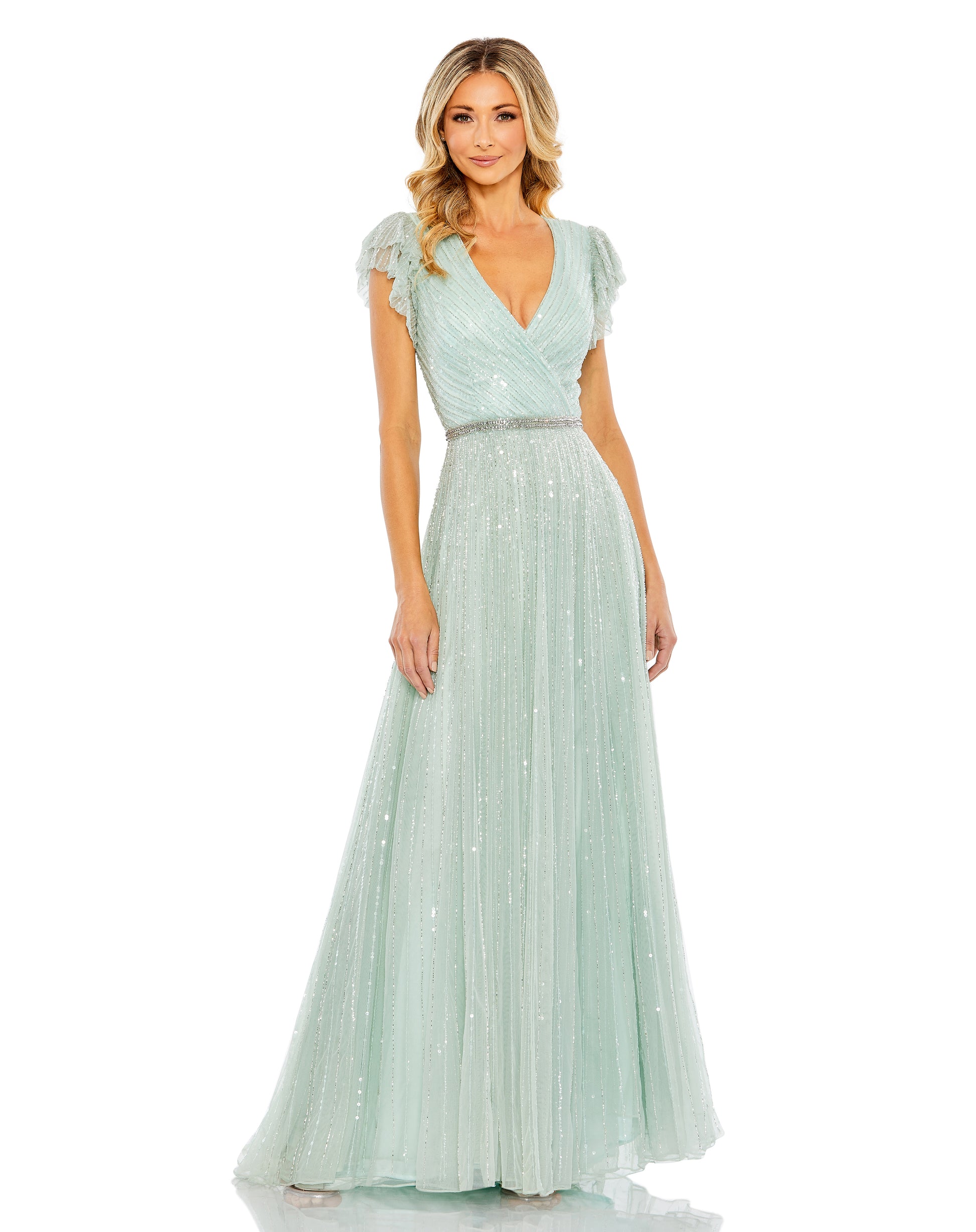 Sequined Wrap Over Ruffled Cap Sleeve Gown – Elegant Threads