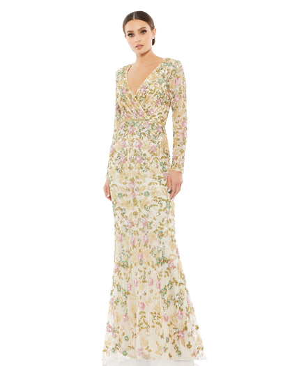 What is it about this gown we love so much? Everything. Embellished with a botanical-inspired pattern of sequins and beads, the dress is designed with a fitted silhouette, surplice neckline, pleated bodice, sheer long sleeves, and a flared hem punctuated
