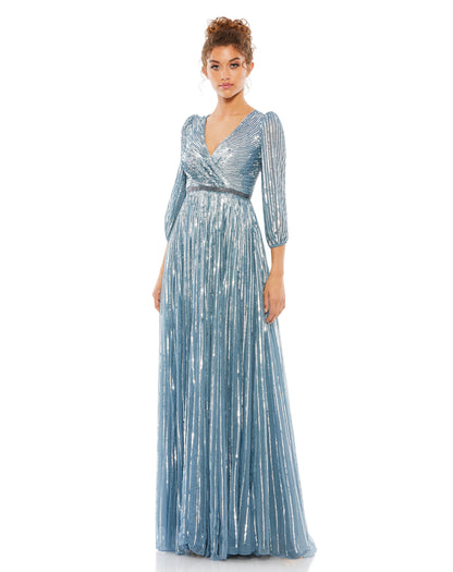Indulge your present-day princess fantasies with this dreamy dress. Our gown is made of whisper-thin tulle with sequin stripes that appear farther apart as the skirt gets fuller. And it’s not just the embellishments that elevate this confection. The dress
