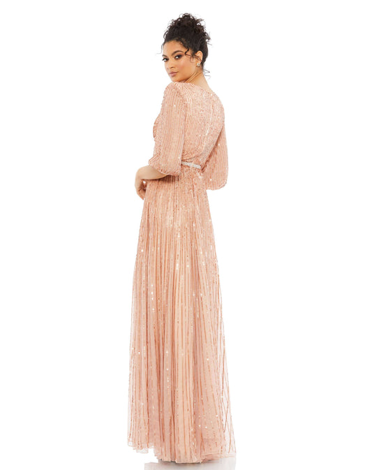 Mac Duggal Style#5509, Sequined Elbow Sleeve Surplice Gown, A line,beaded,Floor Length,Sequin,Three Quarter Sleeve,V-Neck, $840.00