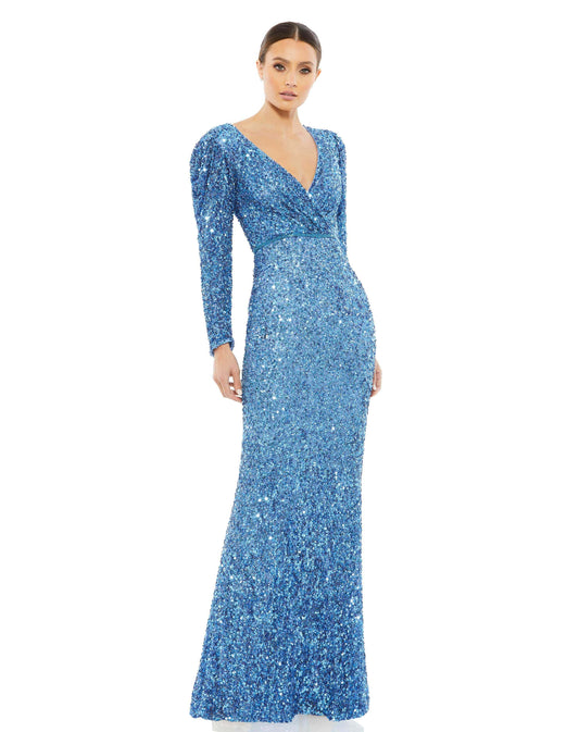 Mac Duggal Style#5510, Puff Shoulder Sequined Surplice Gown, Floor Length,long sleeve,Sequin,Sheath,V-Neck, $740.00