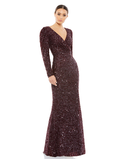 Mac Duggal Style#5510, Puff Shoulder Sequined Surplice Gown, Floor Length,long sleeve,Sequin,Sheath,V-Neck, $740.00