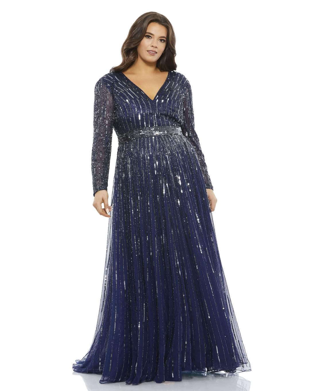 Mac Duggal Style#5520, Embellished Illusion Long Sleeve V Neck A Line Gown, A line,beaded,Curvy Girl,Floor Length,long sleeve,Sequin,V-Neck, $875.00