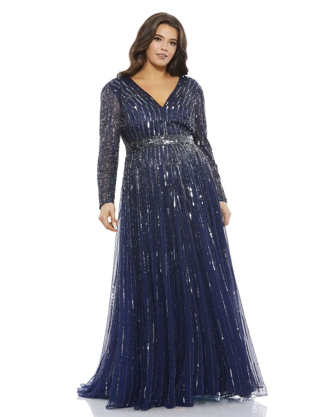 Enjoy your wow-worthy moment at weddings, galas or award ceremonies in this flawless A-line gown. Stripes of shimmering sequins and beads light up the gown beautifully fashioned with a modern V-neckline, see-through long sleeves, and a dreamy flared skirt