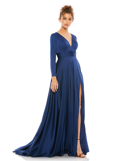 Long sleeve satin a-line gown accented with a ruched belt, a thigh slit, and a sweeping train. Ieena for Mac Duggal Fully Lined Back Zipper 100% Polyester Long Sleeve Maxi & Floor Length V-Neck Style #55245