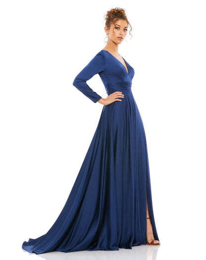 Long sleeve satin a-line gown accented with a ruched belt, a thigh slit, and a sweeping train. Ieena for Mac Duggal Fully Lined Back Zipper 100% Polyester Long Sleeve Maxi & Floor Length V-Neck Style #55245