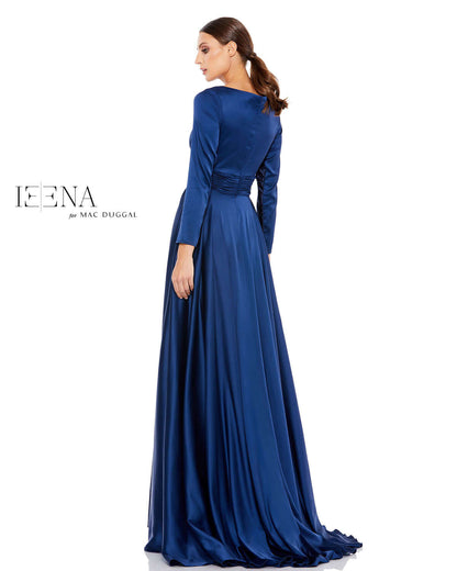 Mac Duggal Style#55245, Long Sleeve Ruched Waist A-Line Gown, A line,long sleeve,Satin,Slit,V-Neck, $650.00