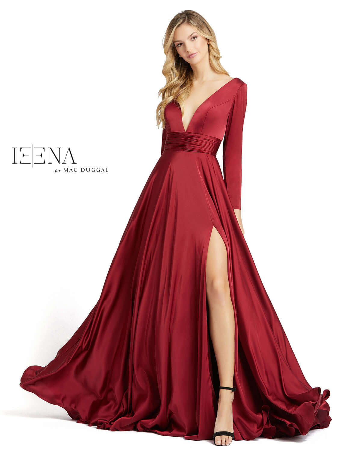 Mac Duggal Style#55245, Long Sleeve Ruched Waist A-Line Gown, A line,long sleeve,Satin,Slit,V-Neck, $650.00