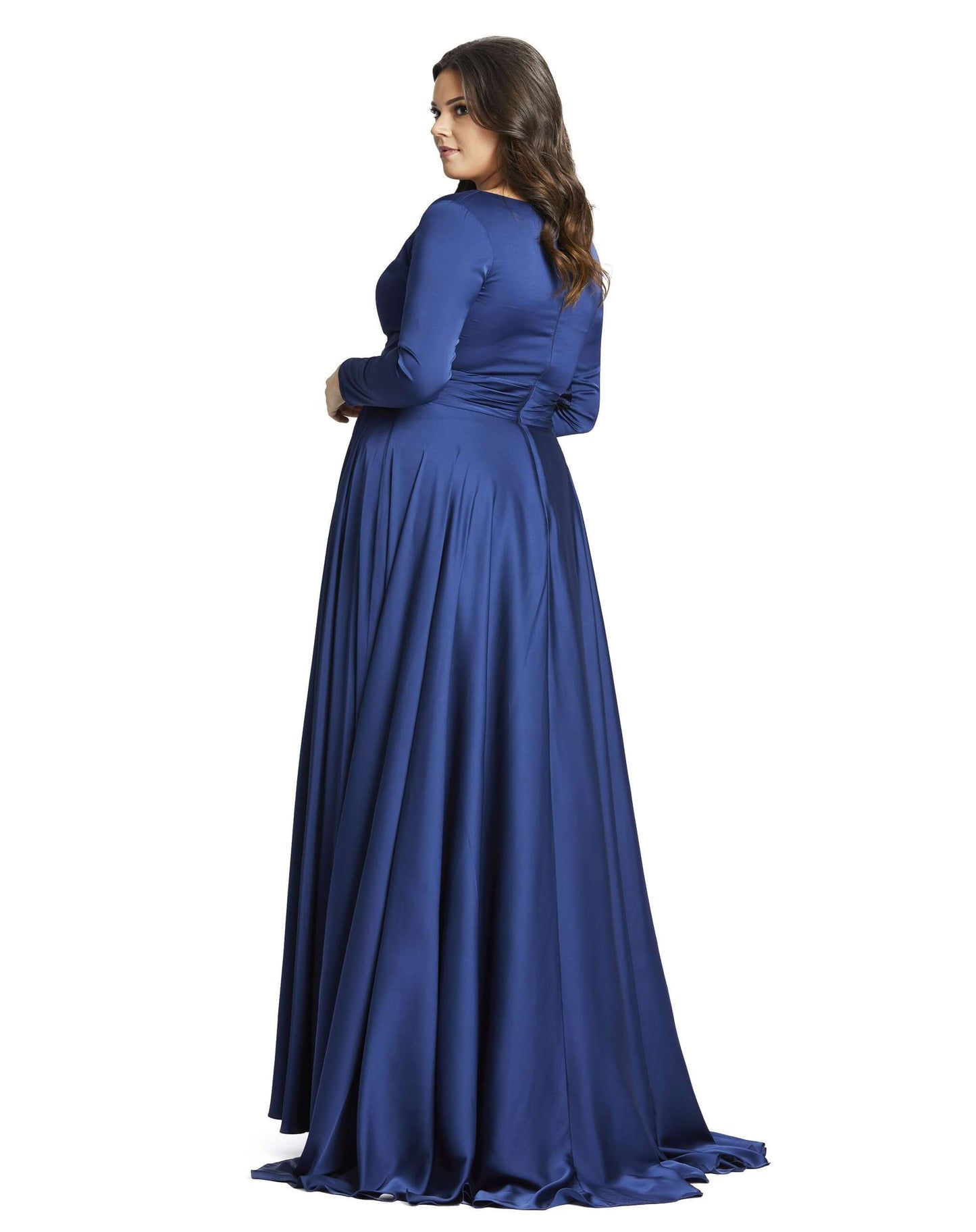 Mac Duggal Style#55290, Classic Satin Long Sleeve Evening Gown, A line,Curvy Girl,Floor Length,long sleeve,Slit,V-Neck, $620.00