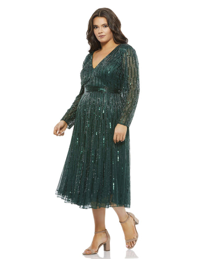 Fully embellished with vertical rows of tons sequins and beads, this dress brings the shine. The fitted bodice, sequined waistband, and flowing a-line skirt create an ultra-flattering silhouette, while the v-neckline and semi-sheer sleeves add a a bit of