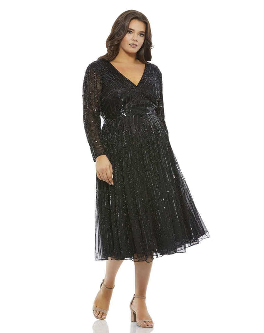 Mac Duggal Style#5529, Sequined V-Neck Tea Length Cocktail Dress, Cocktail,Curvy Girl,long sleeve,Midi,Sequin,Tulle,V-Neck, $720.00