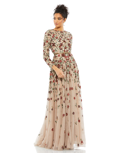 Mac Duggal Sheer hand-embellished tulle overlay; 100% polyester lining Partially lined bodice; fully lined skirt; semi-sheer unlined sleeves Round high neckline Long sleeves Beaded waist detail Allover hand-sequined floral appliqué complimented by pearl a
