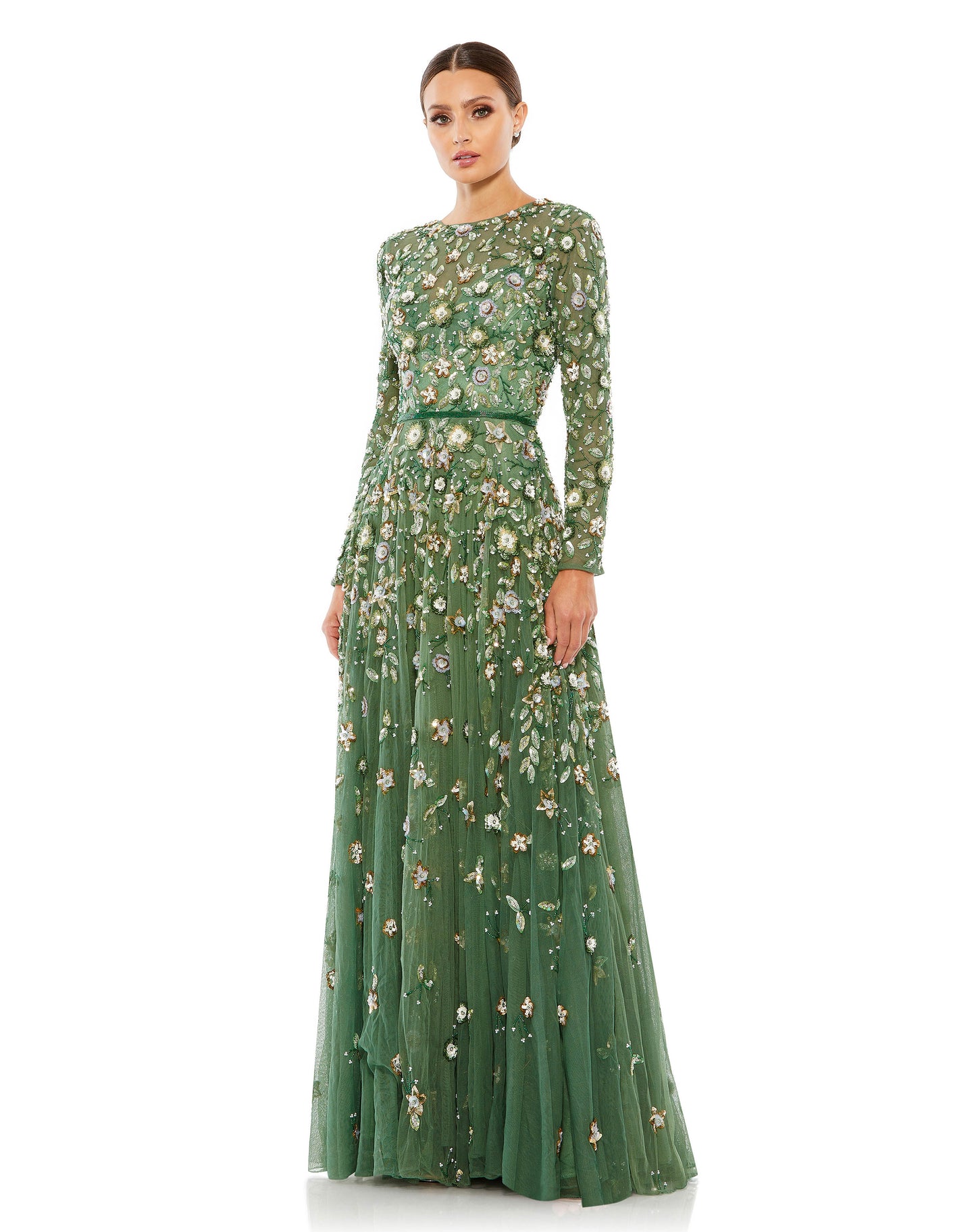 Mac Duggal Sheer hand-embellished tulle overlay; 100% polyester lining Partially lined bodice; fully lined skirt; semi-sheer unlined sleeves Round high neckline Long sleeves Beaded waist detail Allover hand-sequined floral appliqué complimented by pearl a
