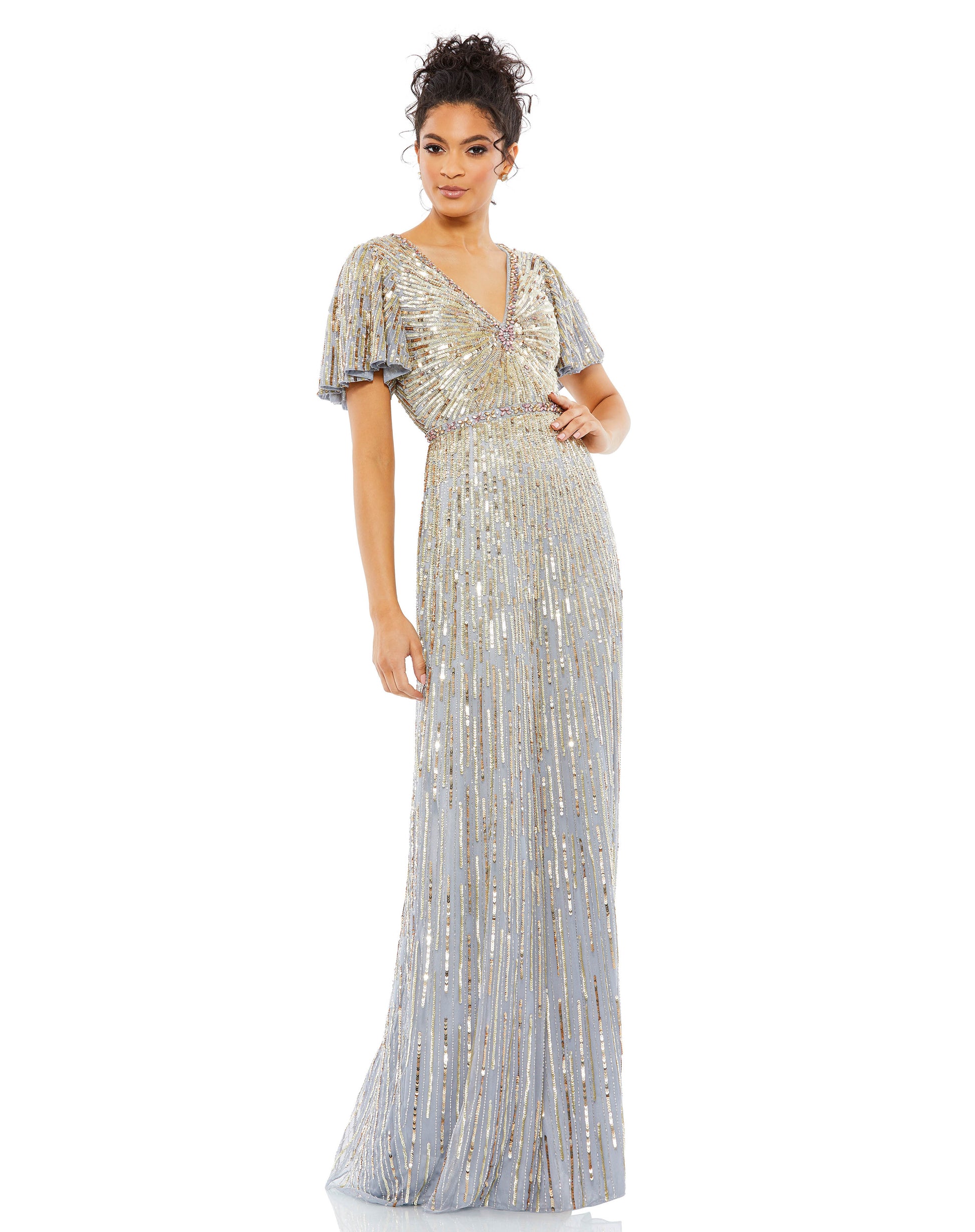 Mac Duggal Sequined mesh overlay; 100% polyester lining Fully lined through bodice and skirt; semi-sheer unlined sleeves V-neckline Short butterfly sleeves Bejeweled neckline and waist detailing Allover embellished pattern featuring angled hand-stitched s