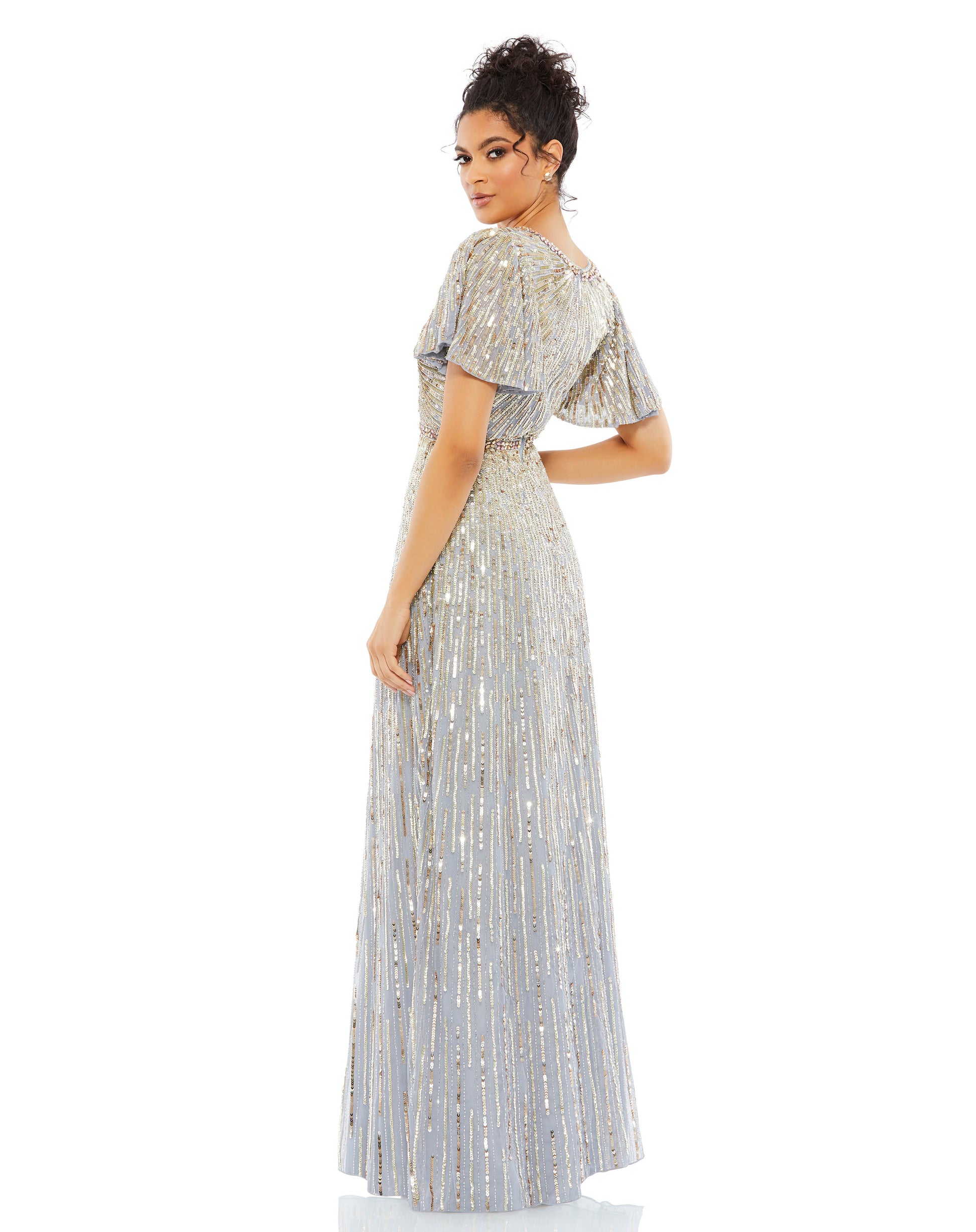 Mac Duggal Sequined mesh overlay; 100% polyester lining Fully lined through bodice and skirt; semi-sheer unlined sleeves V-neckline Short butterfly sleeves Bejeweled neckline and waist detailing Allover embellished pattern featuring angled hand-stitched s