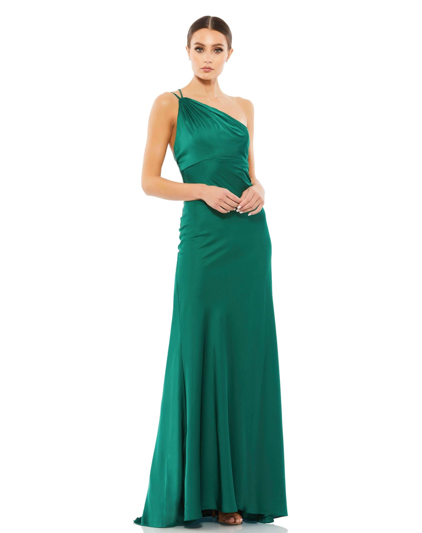 Mac Duggal Style#55385, One Shoulder Double Strap Satin Gown, Fit and Flare,Floor Length,One Shoulder,Open Back, $495.00