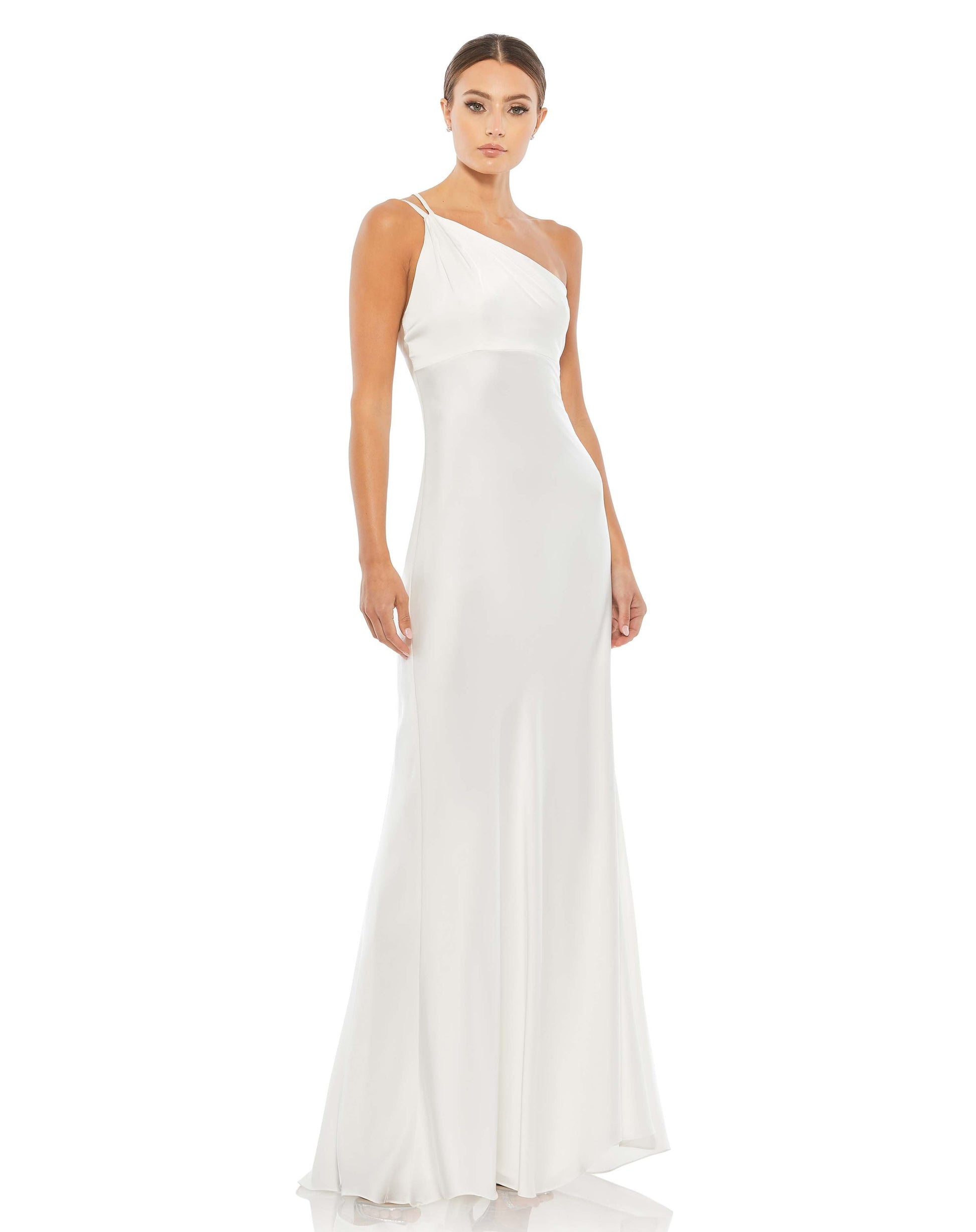 Mac Duggal Style#55385, One Shoulder Double Strap Satin Gown, Fit and Flare,Floor Length,One Shoulder,Open Back, $495.00