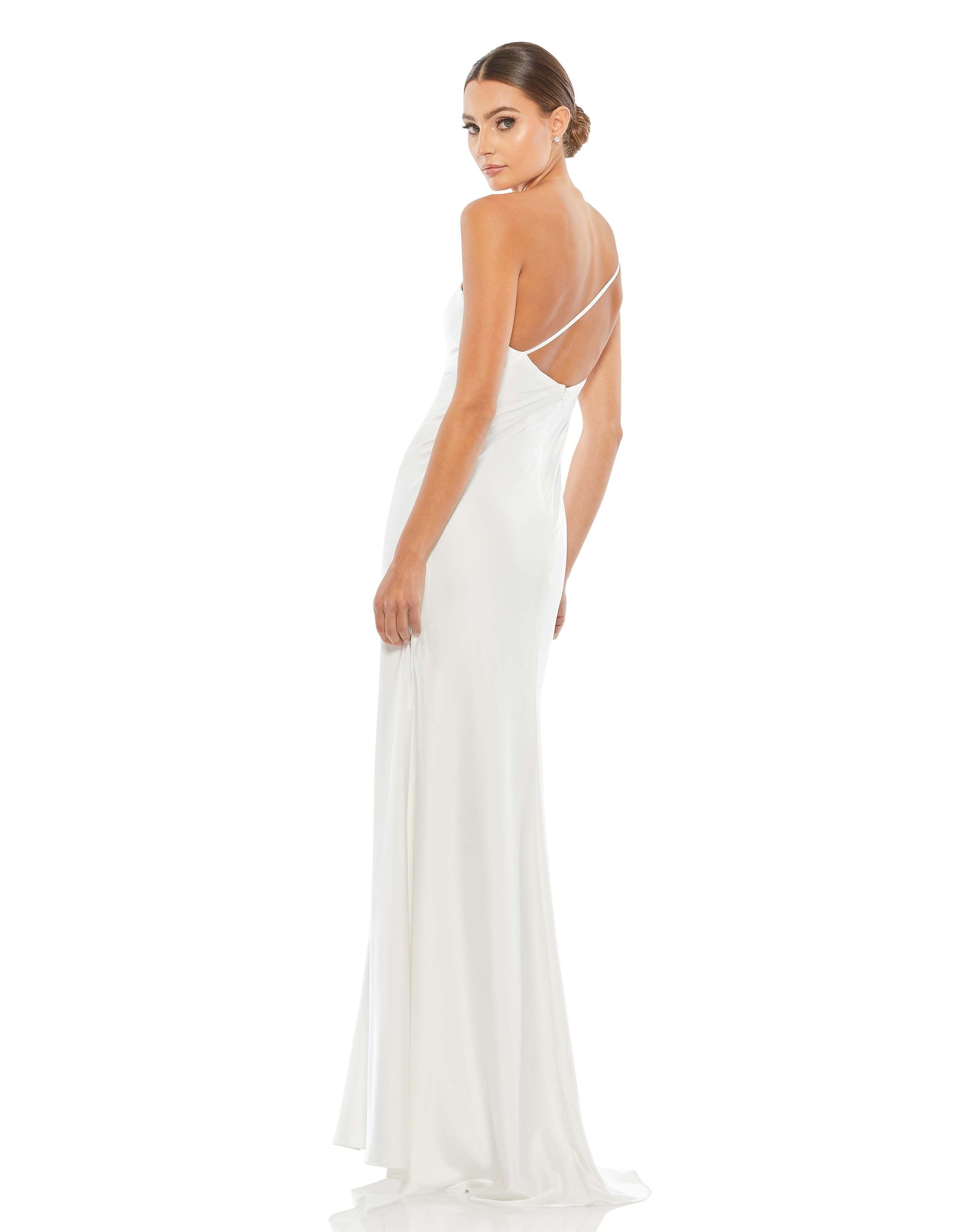 Mac Duggal Style#55385, One Shoulder Double Strap Satin Gown, Fit and Flare,Floor Length,One Shoulder,Open Back, $495.00