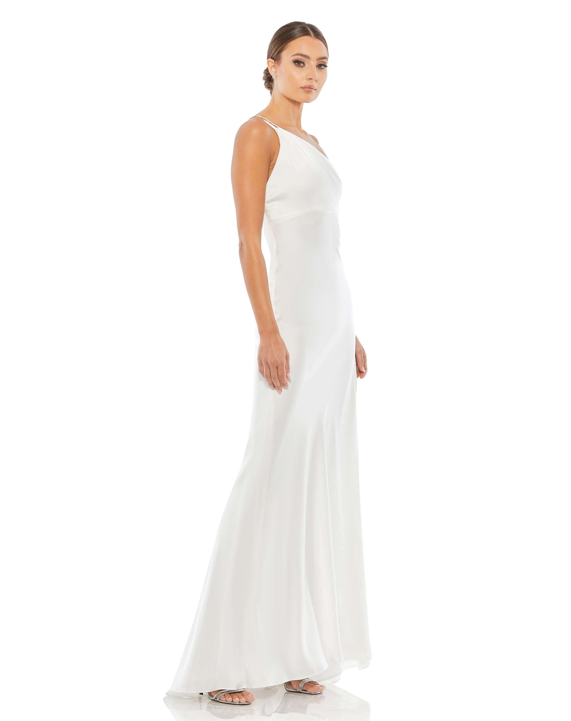Mac Duggal Style#55385, One Shoulder Double Strap Satin Gown, Fit and Flare,Floor Length,One Shoulder,Open Back, $495.00
