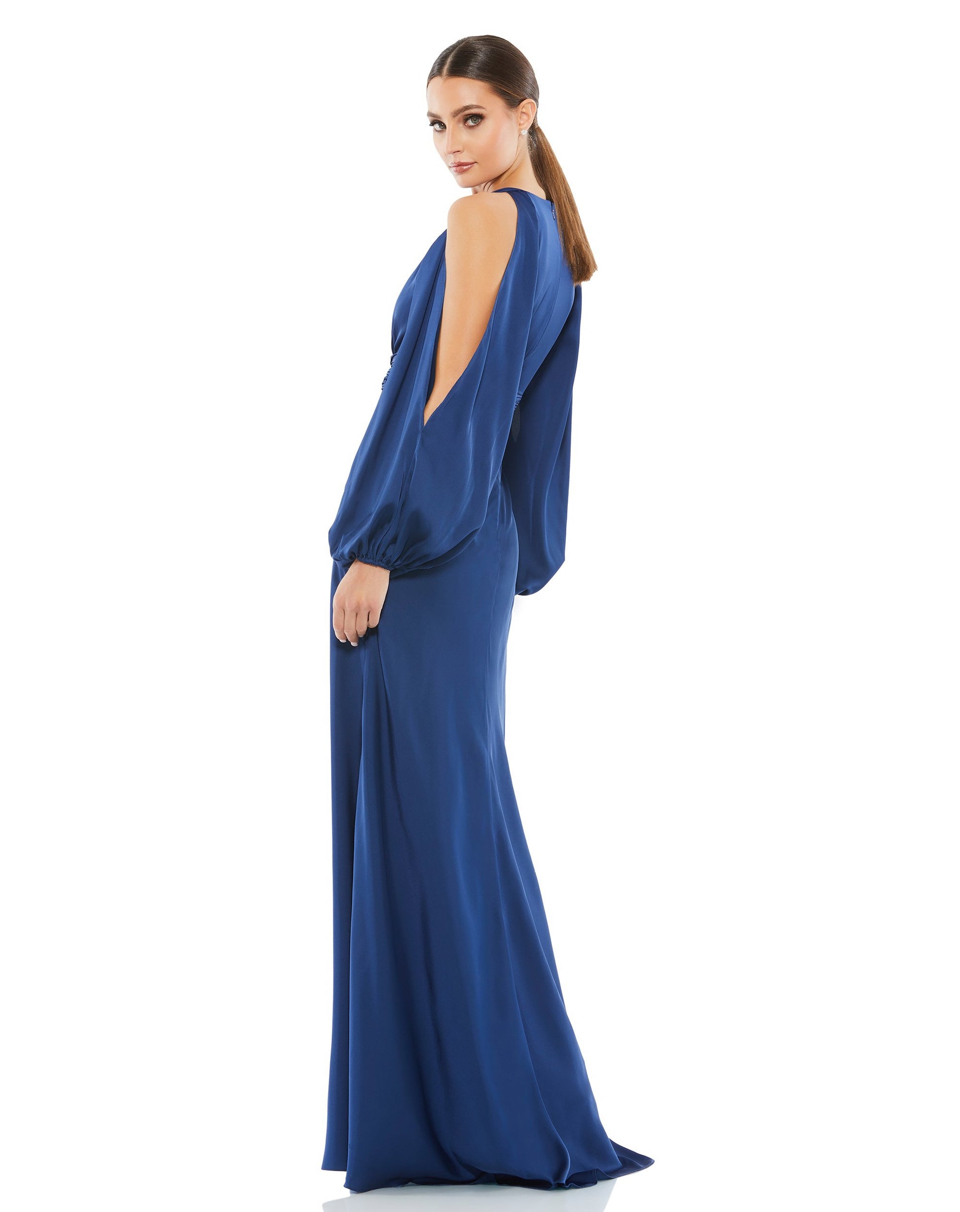 Flowing gown with a plunging self-tie keyhole neckline, pleated waistband, and cold-shoulder blousan sleeves. Ieena for Mac Duggal 100% Polyester Back Zipper Full Length Long Sleeves Style #55397