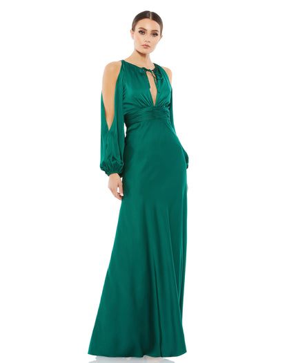 Flowing gown with a plunging self-tie keyhole neckline, pleated waistband, and cold-shoulder blousan sleeves. Ieena for Mac Duggal 100% Polyester Back Zipper Full Length Long Sleeves Style #55397