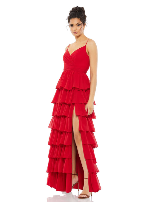 Mac Duggal Style#55416, Sleeveless Gown With Ruffled Skirt, Fit and Flare,Floor Length,Open Back,Ruffles,sleeveless,Slit,V-Neck, $620.00