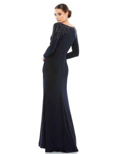 Mac Duggal Style#55715, Faux Wrap Jersey Gown W/ Embellished Accents, beaded,Fit and Flare,Floor Length,long sleeve,Slit,V-Neck, $620.00