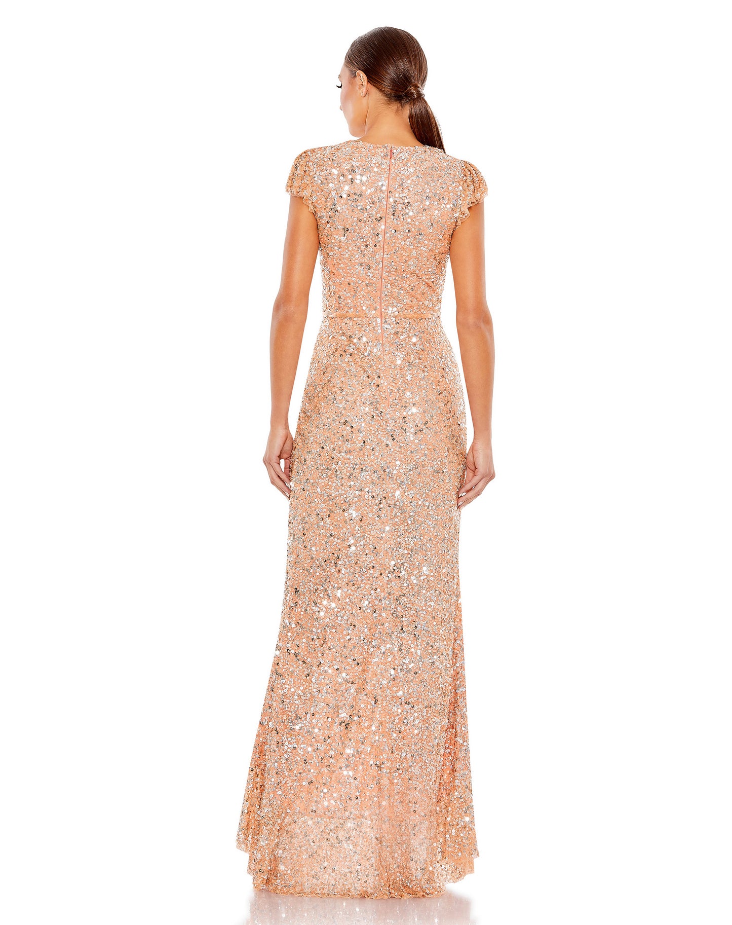Sequined Faux Wrap Ruffle Cap Sleeve Gown