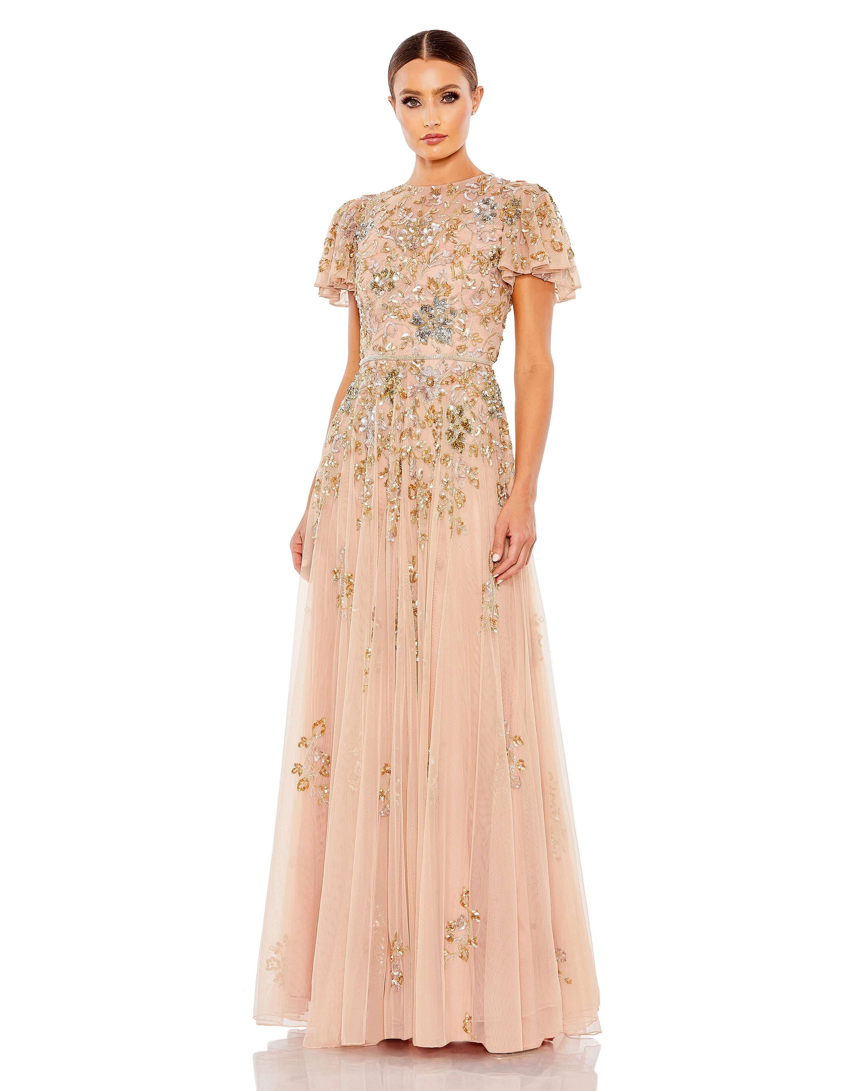 Embellished Butterfly Sleeve High Neck Gown Taupe Multi 2