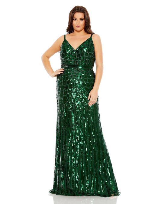 Mac Duggal Style#5753, Sequined Spaghetti Strap Trumpet Gown, Curvy Girl,Fit and Flare,Floor Length,Open Back,Sequin,sleeveless,V-Neck, $850.00