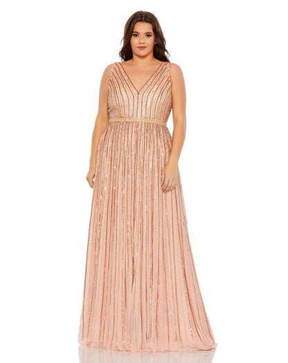 Sequined Striped Sleeveless V Neck A Line Gown