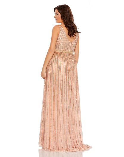 Sequined Striped Sleeveless V Neck A Line Gown