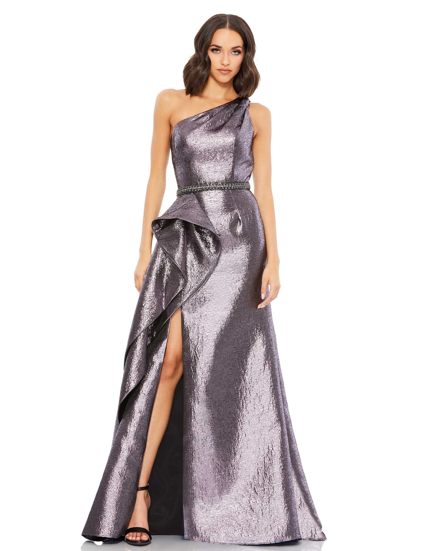 One Shoulder Metallic Ruffled Evening Gown