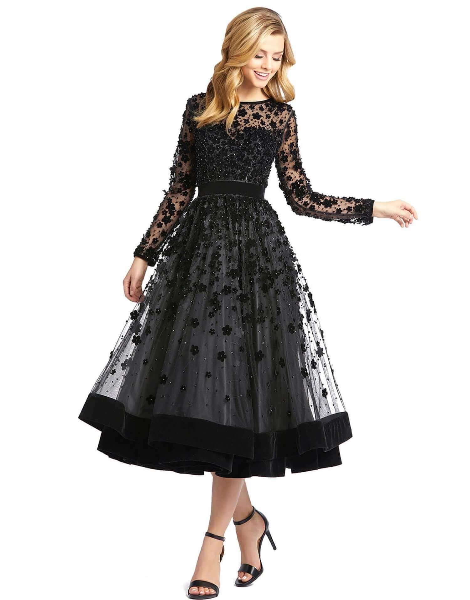 Mac Duggal Style#67007, Elegant Velvet Floral Cocktail Dress, 3-D Flowers,A line,Cocktail,Lace,long sleeve,Tulle, $720.00