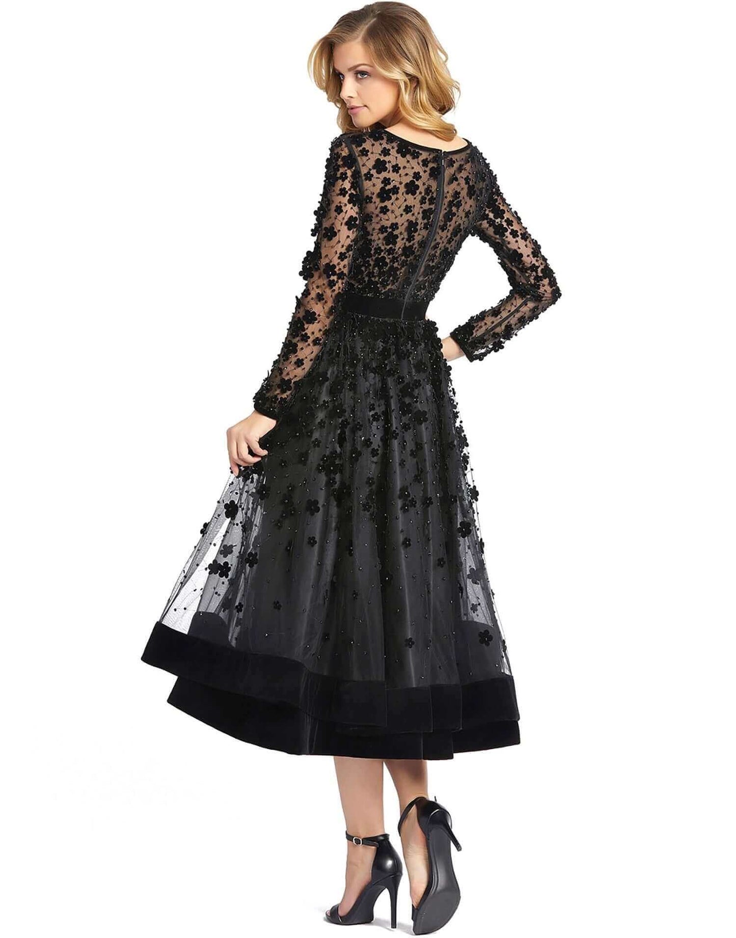 Mac Duggal Style#67007, Elegant Velvet Floral Cocktail Dress, 3-D Flowers,A line,Cocktail,Lace,long sleeve,Tulle, $720.00