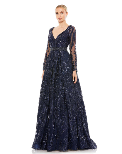 Mac Duggal Style#67113, Midnight Long Sleeve Embellished Evening Gown, A line,beaded,Floor Length,Lace,long sleeve,Sequin,Tulle,V-Neck, $875.00