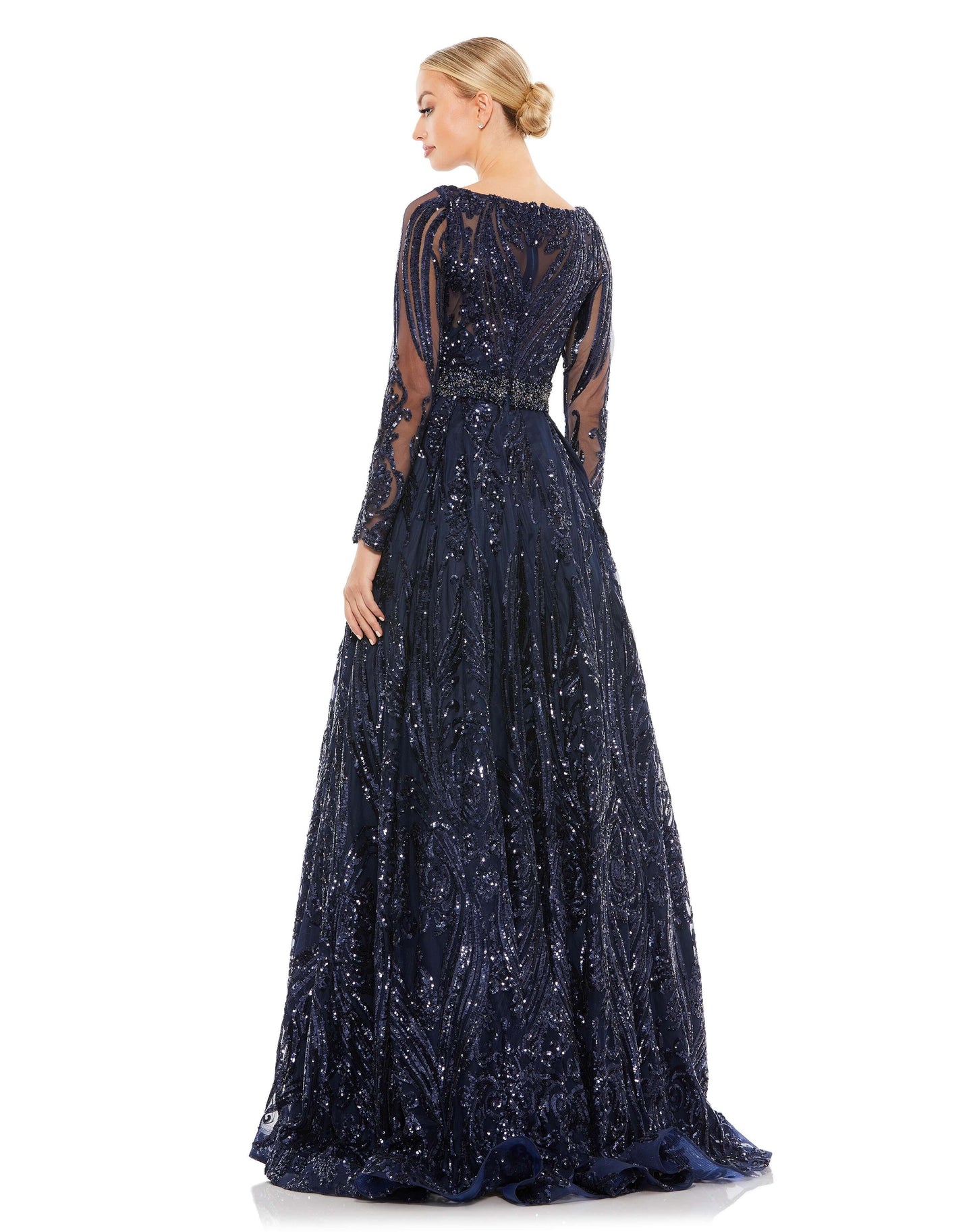 Mac Duggal Style#67113, Midnight Long Sleeve Embellished Evening Gown, A line,beaded,Floor Length,Lace,long sleeve,Sequin,Tulle,V-Neck, $875.00