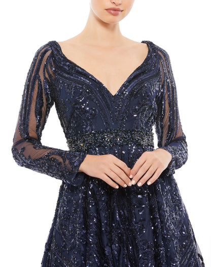 Mac Duggal Style#67113, Midnight Long Sleeve Embellished Evening Gown, A line,beaded,Floor Length,Lace,long sleeve,Sequin,Tulle,V-Neck, $875.00